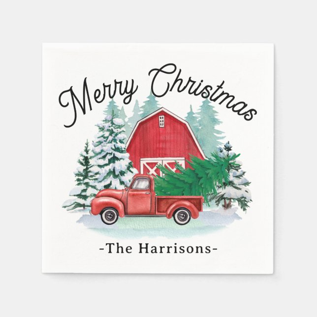  Merry Christmas Rustic Red Truck Farmhouse White Napkin (Front)