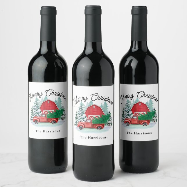  Merry Christmas Rustic Red Truck Farmhouse White Wine Label (Bottles)