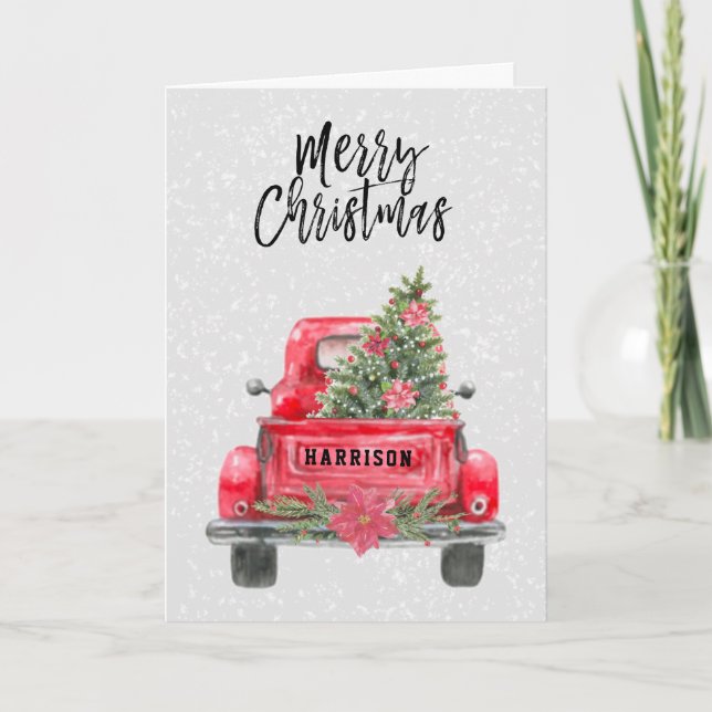 Merry Christmas Rustic Red Truck Holiday Card (Front)