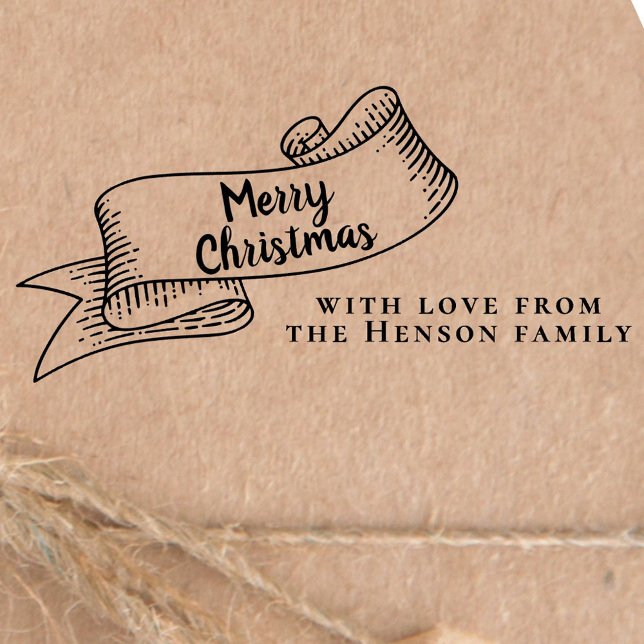 Merry Christmas Rustic Ribbon Family Greeting Rubber Stamp (Creator Uploaded)