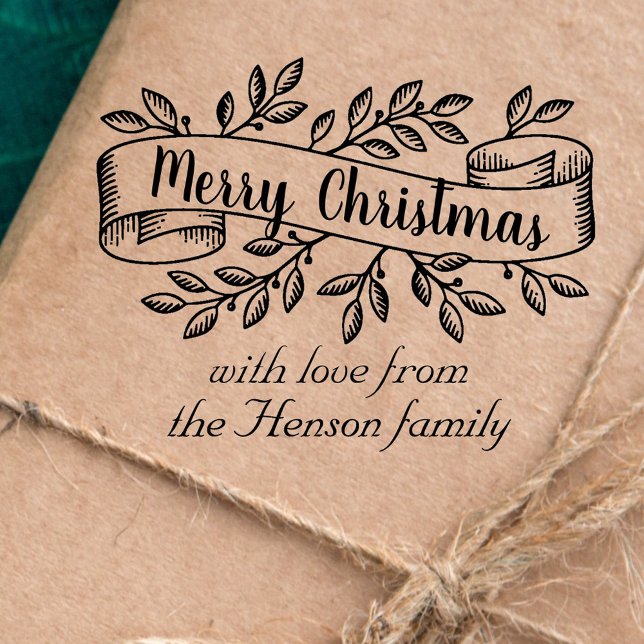 Merry Christmas Rustic Ribbon Family Greeting Rubber Stamp (Creator Uploaded)