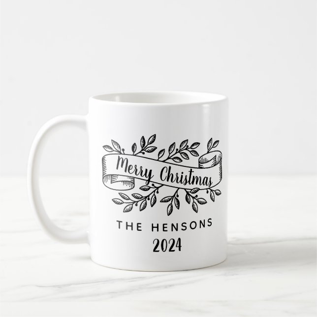 Merry Christmas Rustic Ribbon Family Name Coffee Mug (Left)