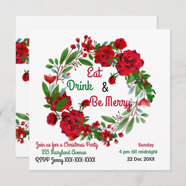 Merry Christmas Rustic Roses Watercolor Wreath  (Front/Back)