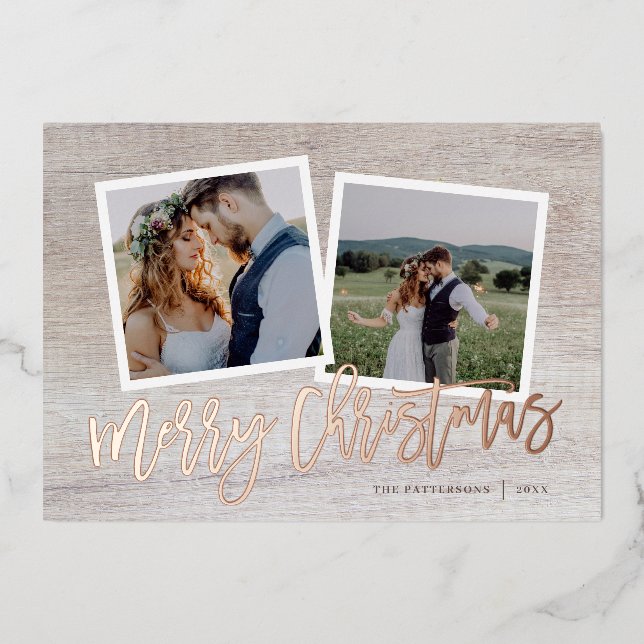 Merry Christmas Rustic Script 2 Photo Gold Foil Holiday Card (Front)