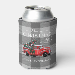 Merry Christmas Rustic Vintage Truck Monogram Name Can Cooler