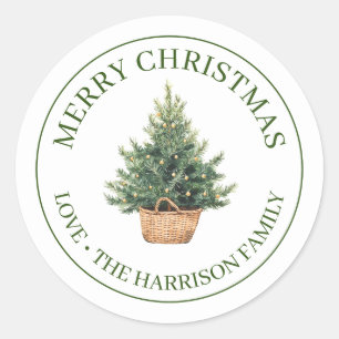 Merry Christmas Rustic Watercolor Tree In Basket Classic Round Sticker