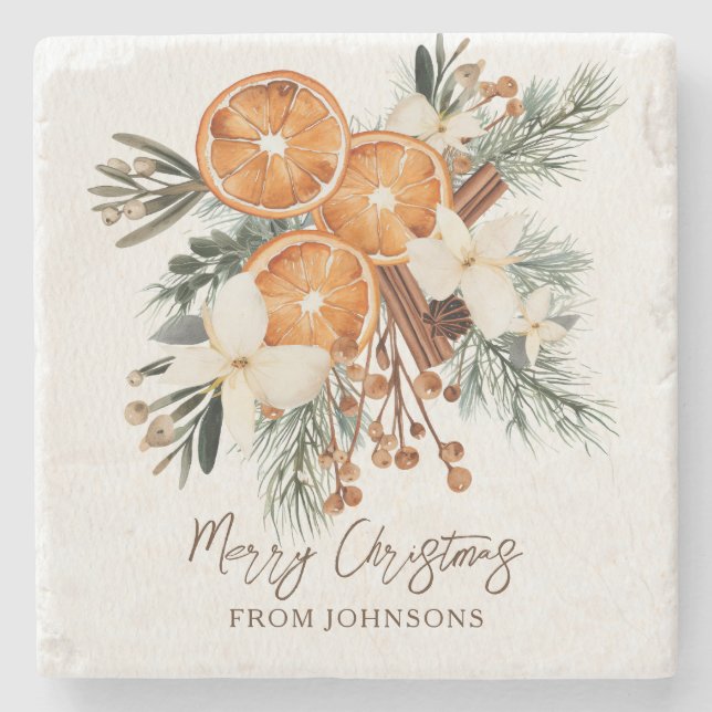 Merry Christmas rustic winter botanical greenery Stone Coaster (Front)