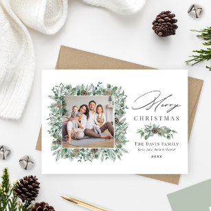 Merry Christmas Rustic Winter Greenery Photo Holiday Card