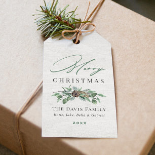 Merry Christmas Rustic Winter Greenery Wood Family Gift Tags