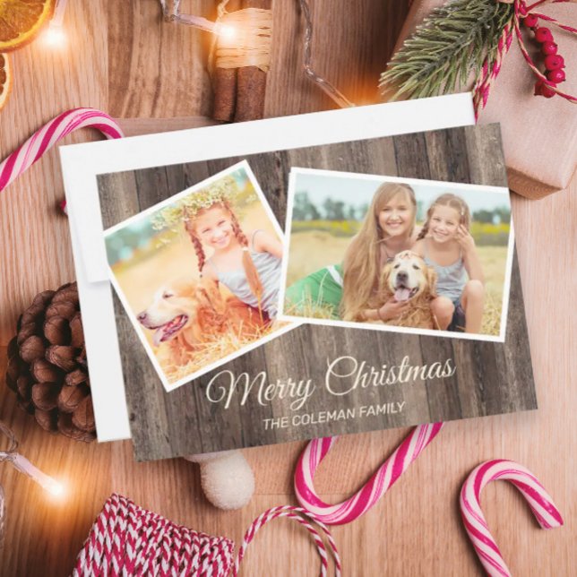 Merry Christmas Rustic Wood 2 Photo Card (Creator Uploaded)