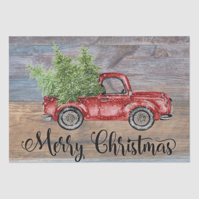 Merry Christmas Rustic Wood And Cute Red Truck Tissue Paper (Front)