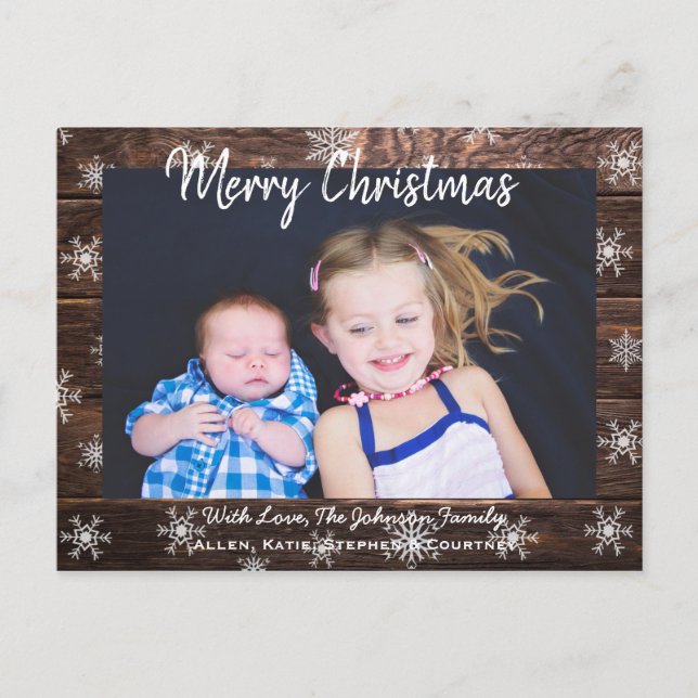 Merry Christmas Rustic Wood and Snowflakes Postcard (Front)