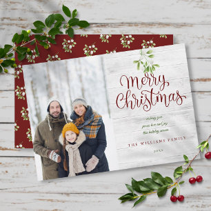 Merry Christmas Rustic Wood Mistletoe Photo Holiday Card
