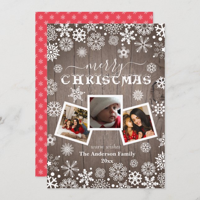 Merry Christmas Rustic Wood Snowflake 3 Photo Holiday Card (Front/Back)