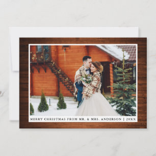 Merry Christmas Rustic Wood Wedding Photo Card
