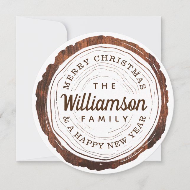 Merry Christmas Rustic Woodgrain Tree Slice Holiday Card (Front)