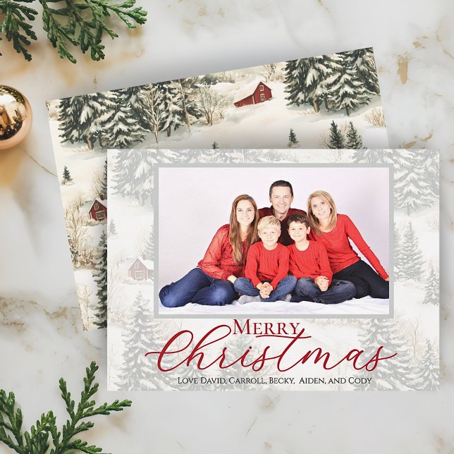 Merry Christmas Rustic Woodland Family Photo Holiday Card (Rustic Winter Woodland Family Photo Christmas Card. Personalize with your Picture and Names)