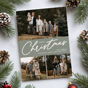 Merry Christmas Sage Green  3 Photo Holiday Card