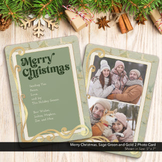 Merry Christmas Sage Green and Gold 2 Photo Card