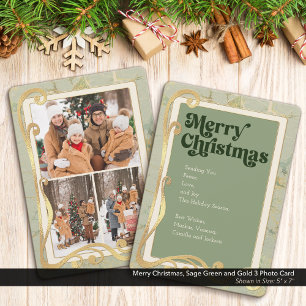 Merry Christmas Sage Green and Gold 3 Photo Card