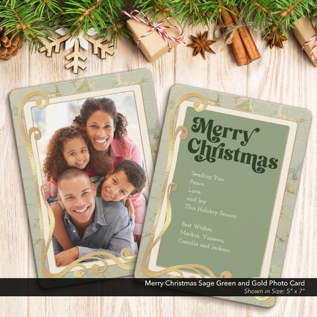 Merry Christmas Sage Green and Gold Photo Card (Merry Christmas, Sage Green and Gold Holiday One (1) Photo Greeting Card)