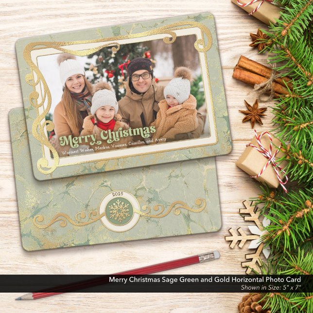Merry Christmas Sage Green & Gold Photo Card (Merry Christmas Photo Card with a Touch of Vintage Whimsy and Peaceful Sage Green & Gold Colors.)