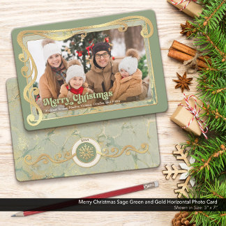 Merry Christmas Sage Green & Gold Photo Card