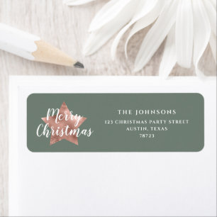 Merry Christmas Sage Green Rose Gold Star Return Address Label
