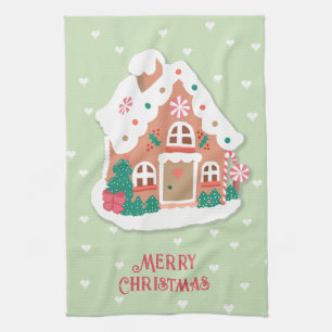 Merry Christmas Sage Pink Snowy Gingerbread House Tea Towel