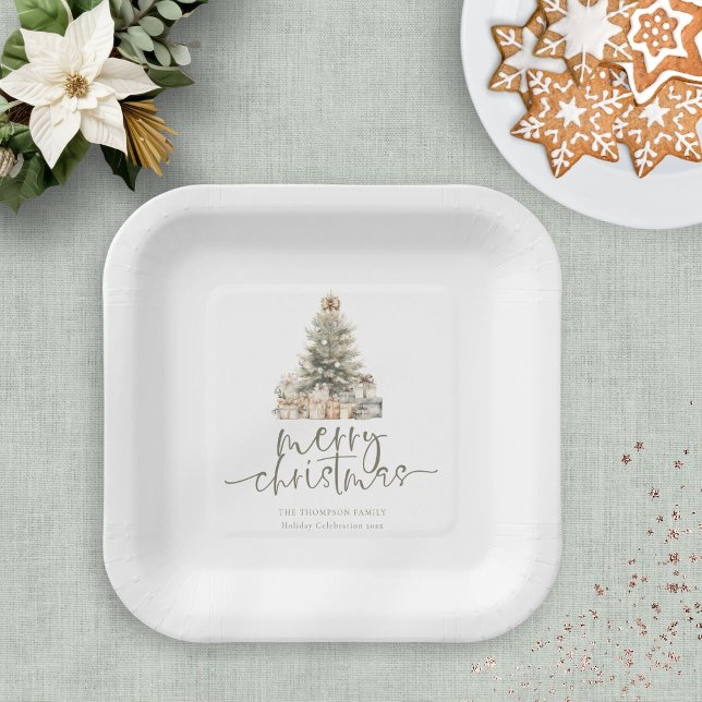 Merry Christmas Sage Script Tree Name Year Paper Plate (Creator Uploaded)