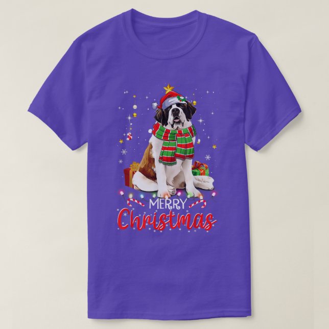 Merry Christmas Saint Bernard Santa Hat Tree Light T-Shirt (Design Front)