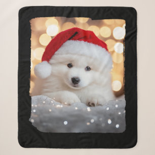 Merry Christmas Samoyed Puppy Dog with Santa Hat Sherpa Blanket