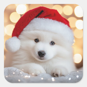Merry Christmas Samoyed Puppy Dog with Santa Hat Square Sticker