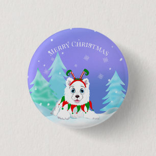 Merry Christmas Samoyed With Elf Headband  3 Cm Round Badge