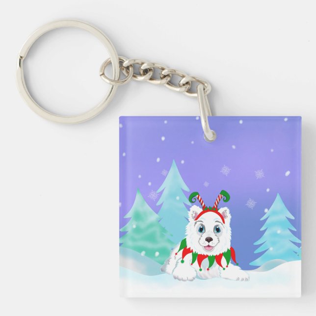 Merry Christmas Samoyed With Elf Headband Key Ring (Front)