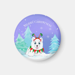 Merry Christmas Samoyed With Elf Headband Magnet