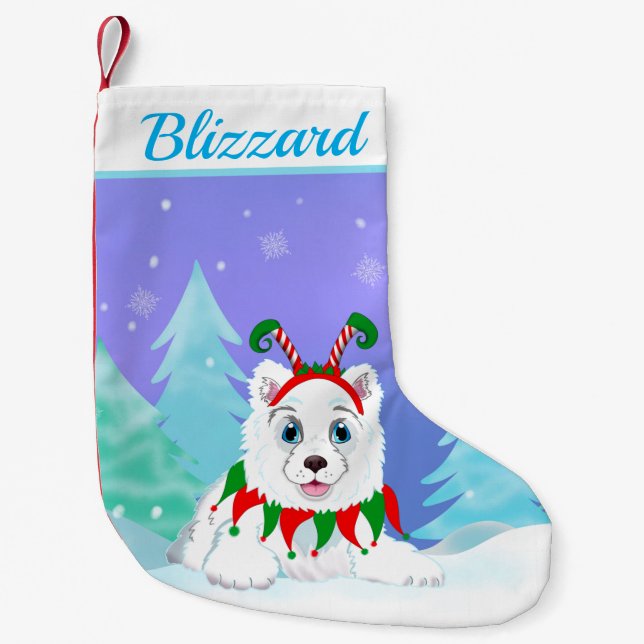 Merry Christmas Samoyed With Elf Headband Name Small Christmas Stocking (Front)