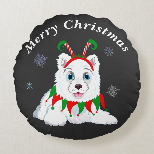 Merry Christmas Samoyed With Elf Headband Round Cushion (Front)