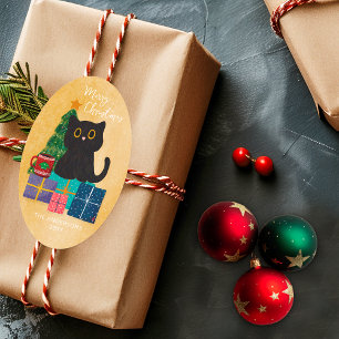 Merry Christmas Sand Cute Black Cat Christmas Tree Oval Sticker