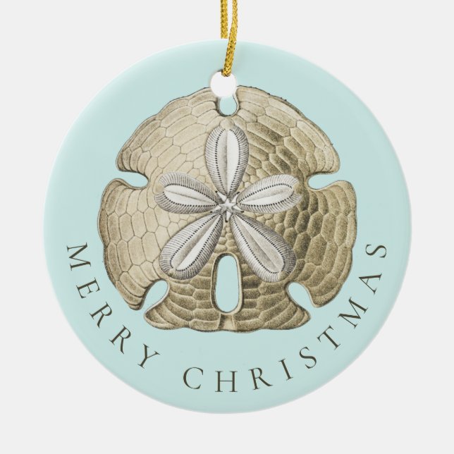 Merry Christmas Sand Dollar Turquoise Coastal Ceramic Ornament (Front)