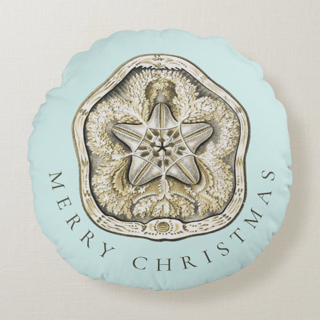 Merry Christmas Sand Dollar Turquoise Coastal Round Cushion (Front)