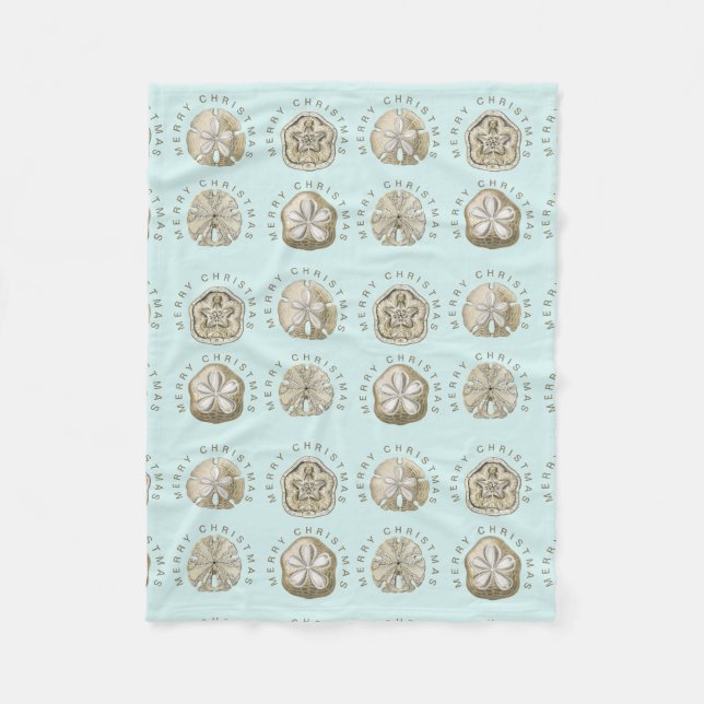 Merry Christmas Sand Dollar Turquoise Pattern Fleece Blanket (Front)