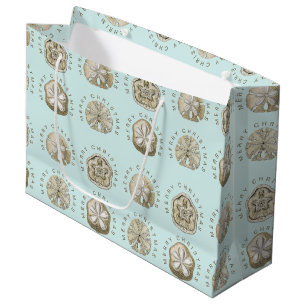 Merry Christmas Sand Dollar Turquoise Pattern Large Gift Bag