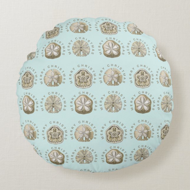 Merry Christmas Sand Dollar Turquoise Pattern  Round Cushion (Front)