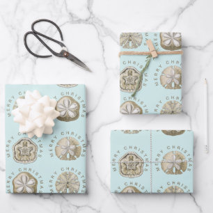Merry Christmas Sand Dollar Turquoise Pattern Wrapping Paper Sheet