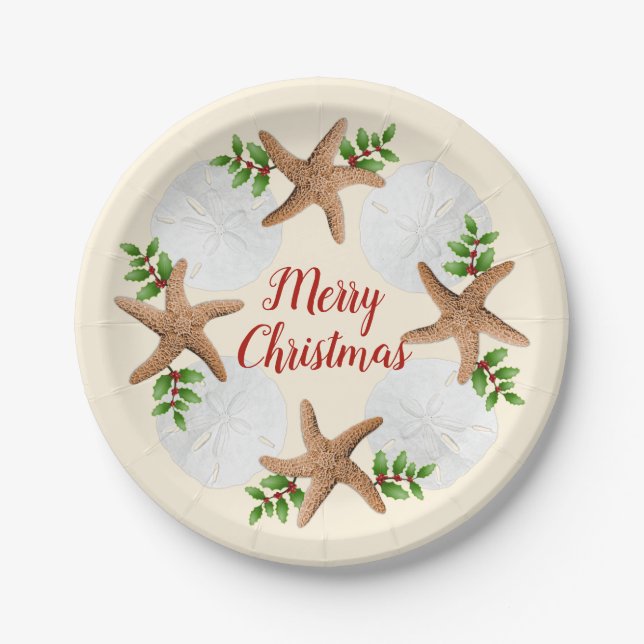 Merry Christmas Sand Dollars Christmas Wreath Paper Plate (Front)