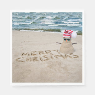 Merry Christmas Sandman On Beach Napkin