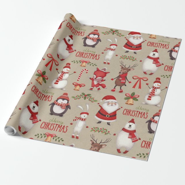 Merry Christmas Santa And Friends Wrapping Paper (Unrolled)