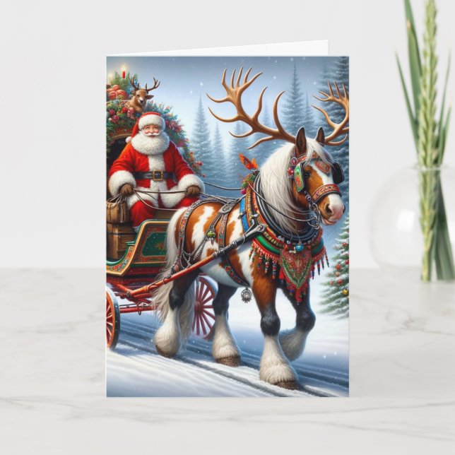 Merry Christmas Santa and His Horse With Antlers Holiday Card (Front)