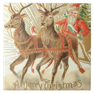 Merry Christmas (Santa and his Reindeer) Ceramic Tile
